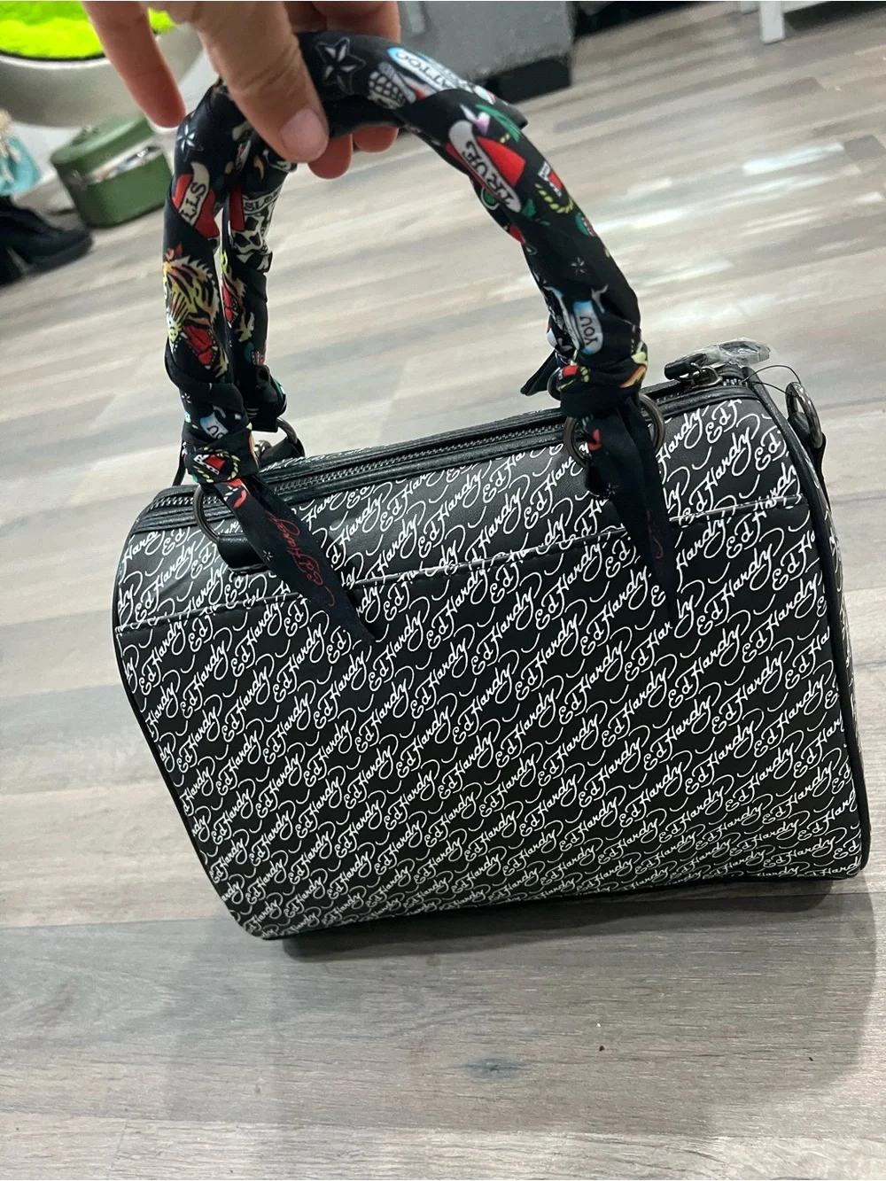 Ed Hardy Black & Red Love Hearts Top-Handle Shoulder Bag